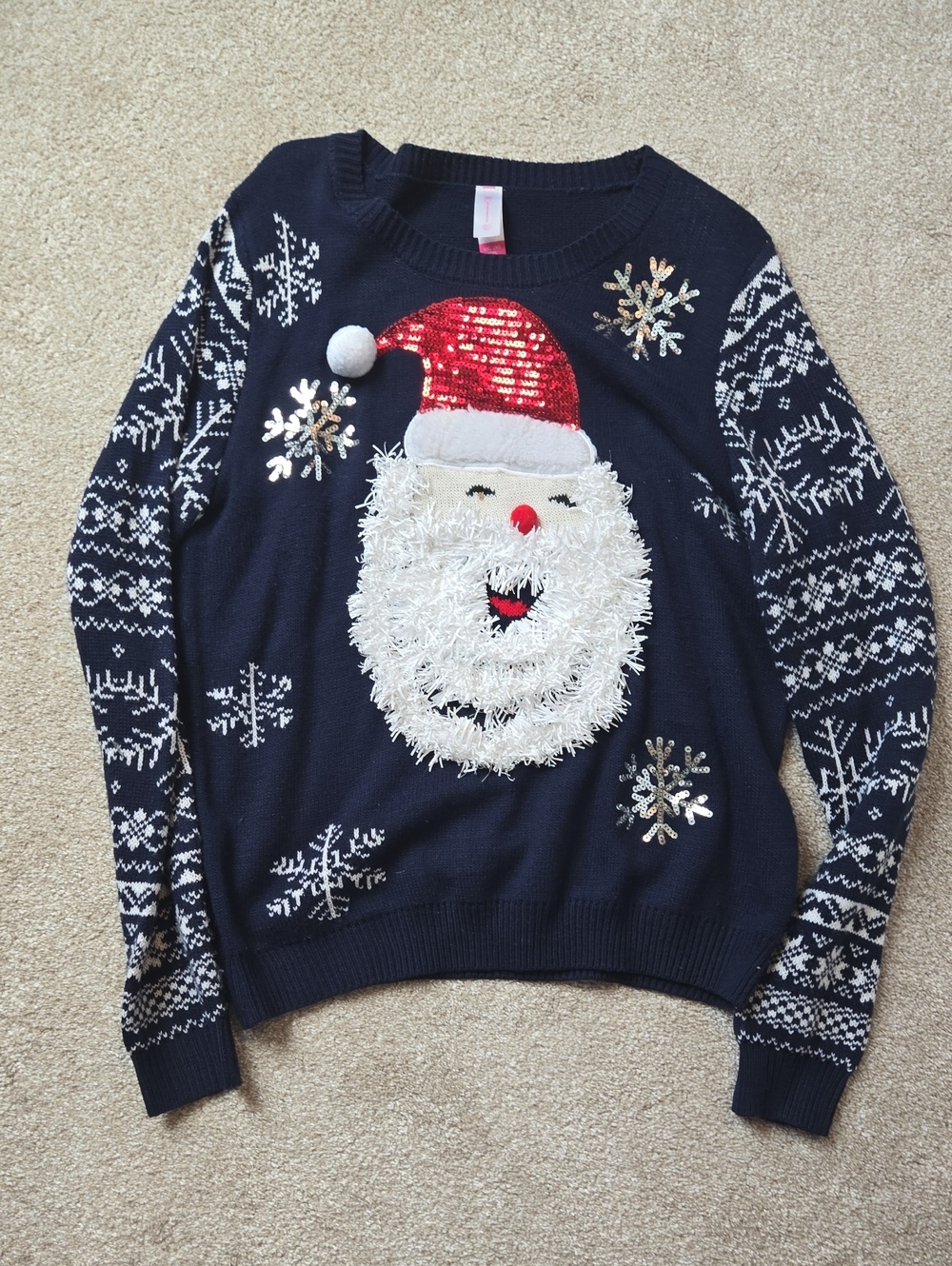 Old Navy Navy Crewneck Sweater with Sequin Santa and White Snowflakes